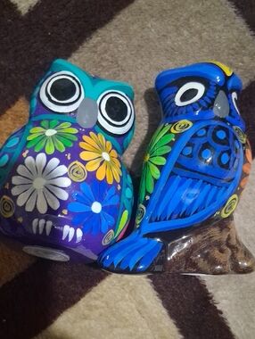 Hand-Painted Blue and Purple Owl Figurine Set Salt And Pepper - Home Accents